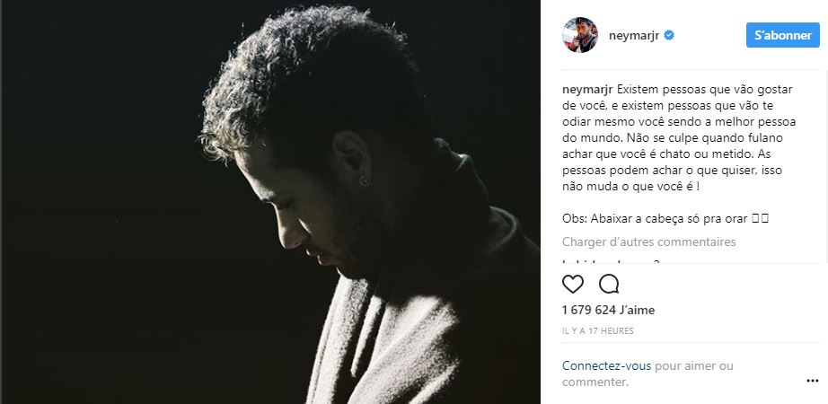 Neymar pousse un coup de gueule contre ses détracteurs sur  Instagram